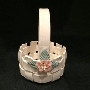 EUC Levante Ceramic Basket, Signed, Collectible, Off-Wht w/Pink Flower, 4 1/2" D